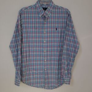 Ralph Lauren Polo Shirt Mens Medium Plaid Button Down Blue Pink Turquoise